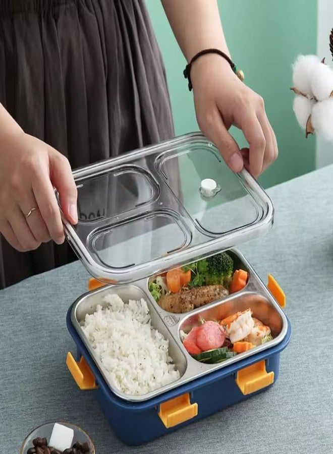 OLMARTT KITCHENWARE 3 Compartment Stainless Steel Lunch Box, Leakage Proof Lunch Box for School Kids and Adults Pack of 1 Blue,750ML - Image 4